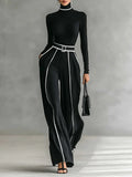 Women's Elegant Long-Sleeve High-Neck Top & Wide-Leg Pants Set with
