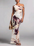 Women's Long pleated one-shoulder printed elegant dress