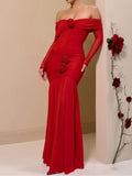 Women's Elegant Solid Color Fold-Over Pleated Evening Dress with Long