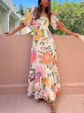 Women's Maxi Dress with Square Neckline and Floral Print with Puff