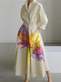 Women’s Long Sleeve Floral Print Midi Shirt Dress – Tie Waist Pleated Lapel Dress