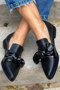 Women's Black Loafers with a Shiny Bow - Sleek & Elegant
