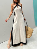 Women's Maxi Flared Dress with Halter Neck and Color Block with Slit