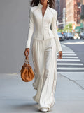 Timeless White Stand-Up Collar Zip-Up Top with Wide-Leg Pants Set