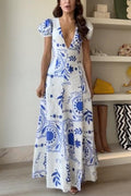 Women's Long Flared Dress with Puff Sleeves and Deep V-Neck with