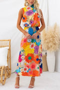 Women's Sleeveless Maxi Dress with Tie Neck, Floral Pattern, and