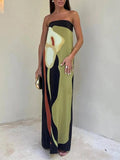 Women's Sleeveless Strapless Color Block Pattern Long Dress