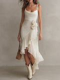 3D Floral-Embellished Draped-Neck Maxi Dress