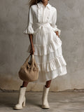Women's Vintage Boho Ivory Bloom Ruffled Tiered Shirt Dress
