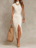 Women's Bohemia Cotton High-Neck Ruched Wrap Midi Dress