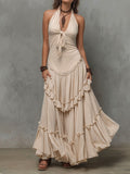 Women's Chic Sandstone Ruffled Halter Maxi Dress