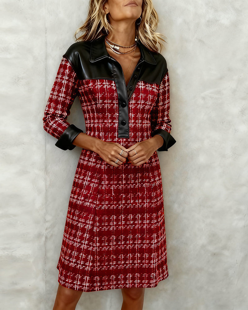 Chic Patchwork & Houndstooth Long-Sleeve Dress - Black
