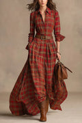 Women's Long plaid shirt maxi dress with long sleeves and buttons,