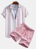 Men's Vibrant Striped Print Button-Up Shirt and Swim Shorts Set