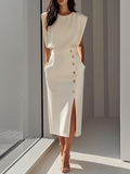 Audrey Button-Detail Sleeveless Midi Dress