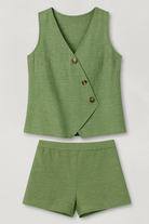 Zoya | Kvinder Sommerdobbelt sæt med wrap-top og shorts i linnedblanding - Grün - Zoya | Kvinder Sommerdobbelt sæt med wrap-top og shorts i linnedblanding - €25 - {{ product_tags }