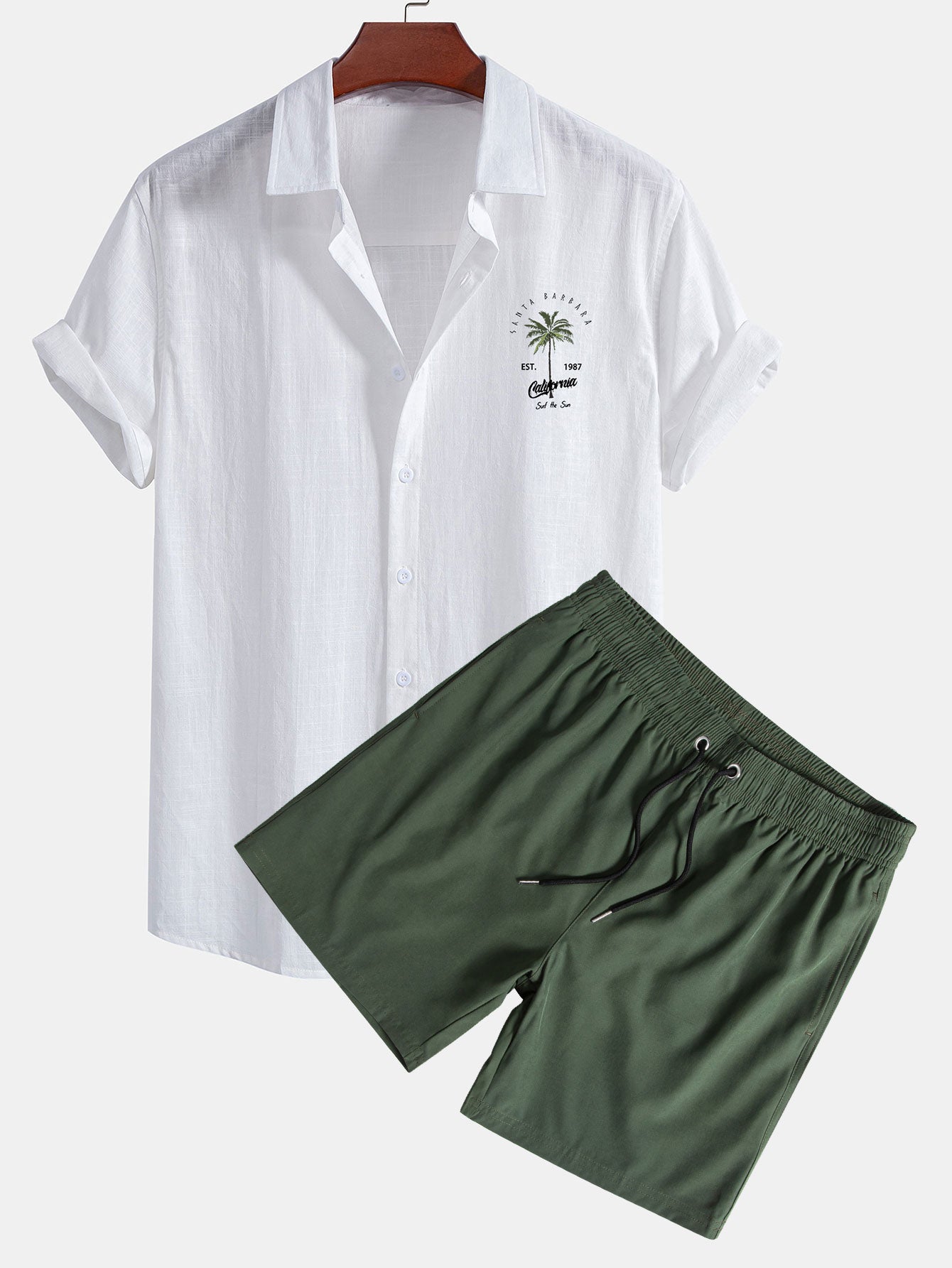 California Palm Tree Print Linen-Look Cotton Button-Up Shirt & Swim Shorts Set