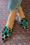 Women's Toe Loafer in Giraffe Print with Green Fringe