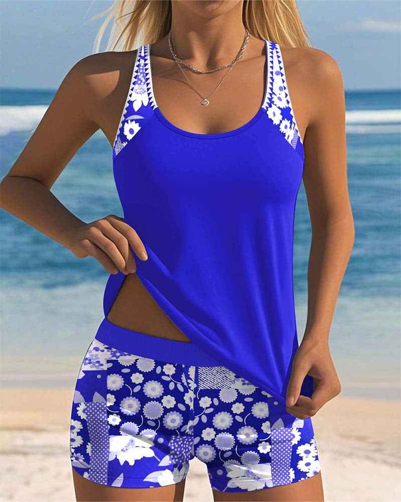 Colette | Schlanker Tanktop-Badeanzug mit einem bedruckten Boxer-Set