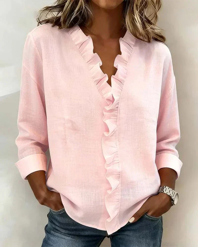 Charlotte: Elegant Ruffle Blouse with V-Neck and Long Sleeves