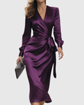 Women's Cerelia Deep Plum Satin Wrap Midi Dress – Elegant,