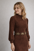 Women's Retro long-sleeve maxi dress with semi-high collar and