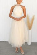 Women's Elegant Maxi Dress with Tulle Details and Halter Neckline -