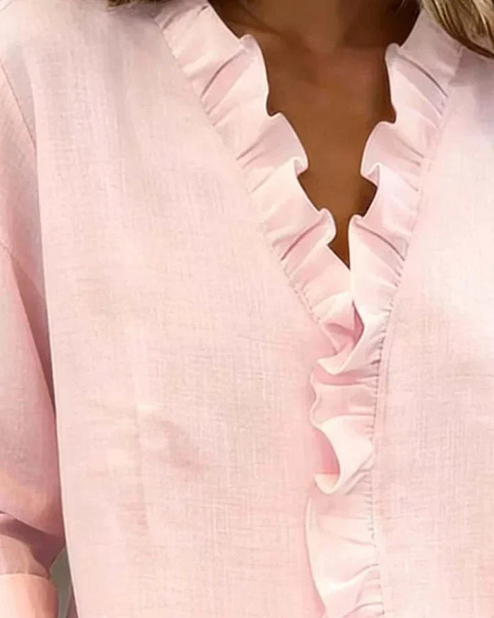 Charlotte: Elegant Ruffle Blouse with V-Neck and Long Sleeves