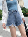 Women's Distressed Denim Mini Skirt - Edgy Frayed Hem, Classic Wash
