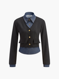 Women's Chic 2-in-1 Denim Panel Polo Blouse for Effortless