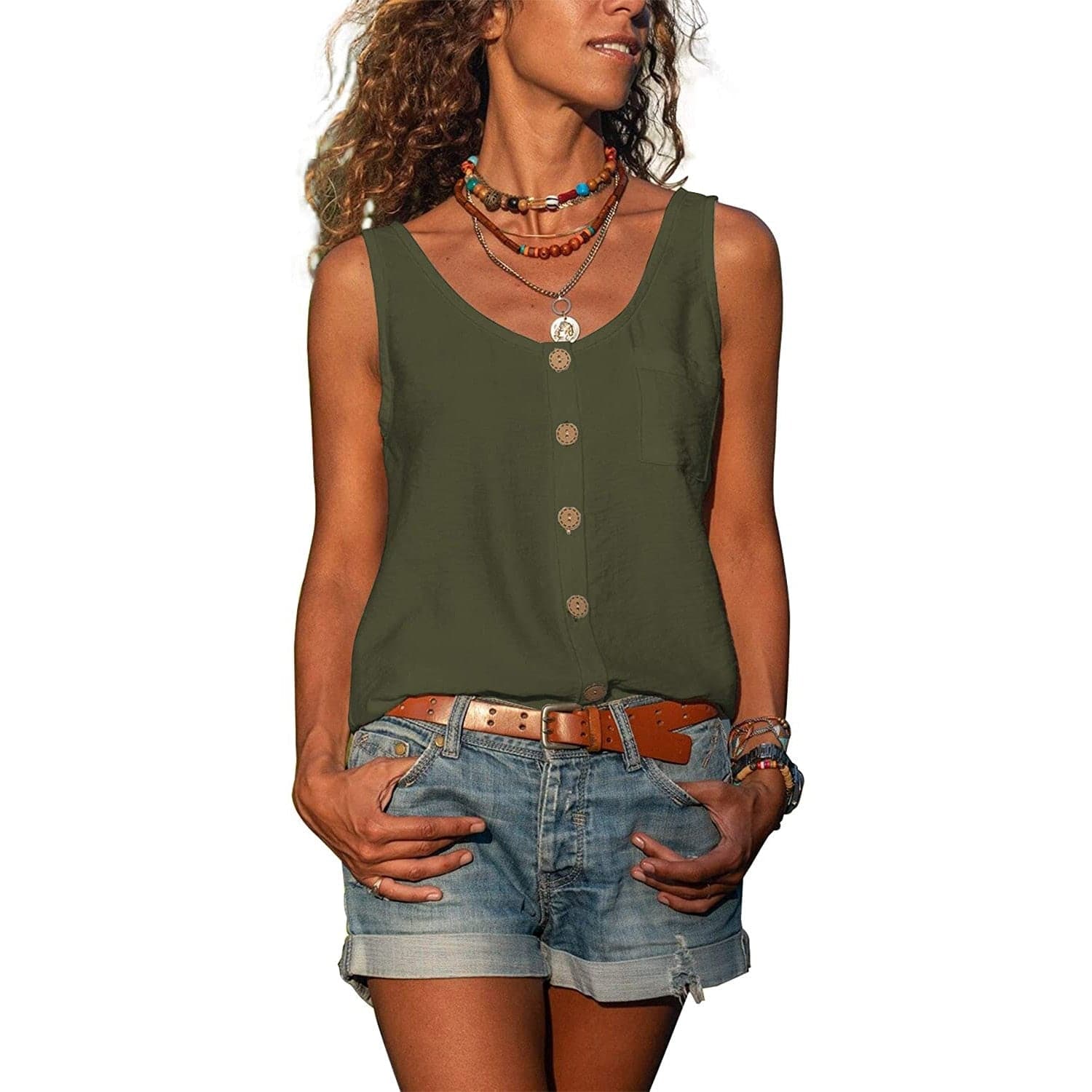 Women’s Sleeveless Button-Front Top – Relaxed Fit Casual Blouse