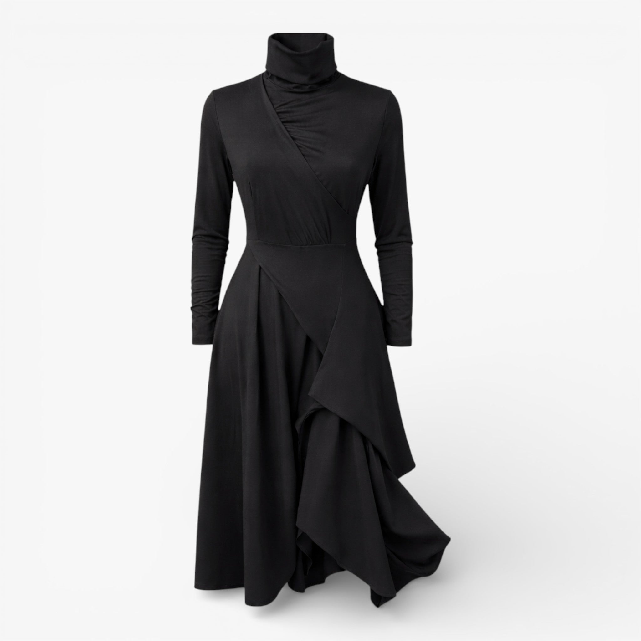 Women's Elegant Stretch Polyester Cotton Blend Turtleneck Draped Maxi