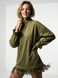 Women's Olive Green Suede Midi Dress with Turtleneck and Elegant Lace