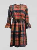 Women's Midi round-neck dress draped with color blocks and plaid