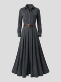 Women's Elegant long suede-like dress with collar, tie waist, and