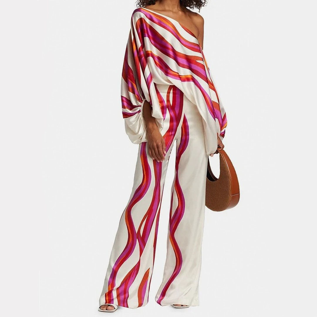 Chic Women's One-Shoulder Printed Two-Piece Set – Stylish & Trendy