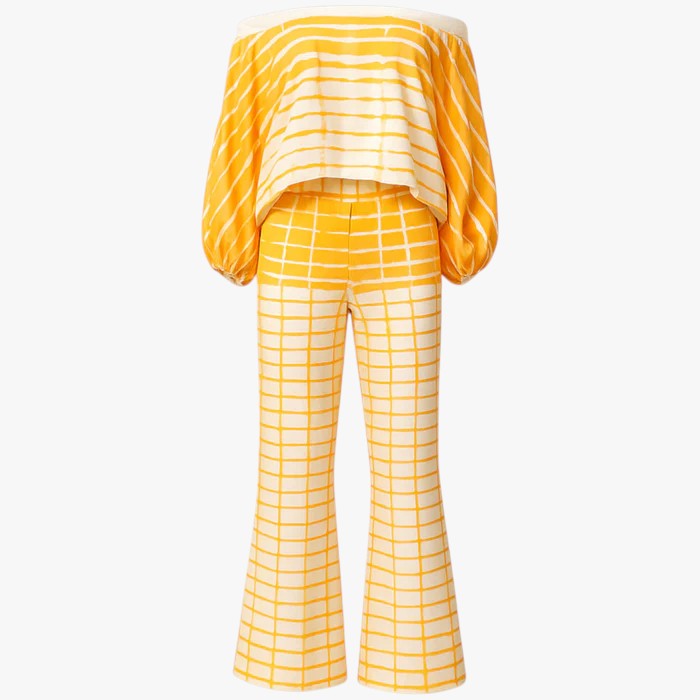 Jane | Kvinders Elegant Blomsterprint Bred Ben Dragt - Gul - Kvinders tøj - {{ product_tags }