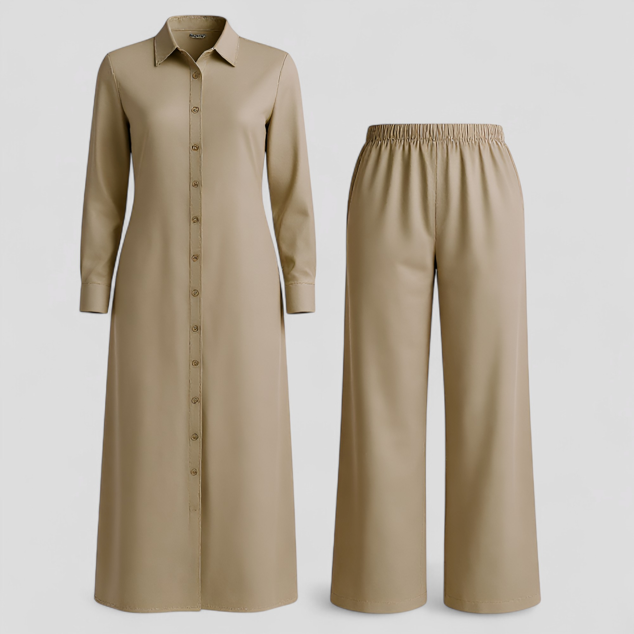 Valeria | Kvinders Elegant Sommer Sæt med Blusekjole og Bukser - Khaki - Kvinders tøj - {{ product_tags }