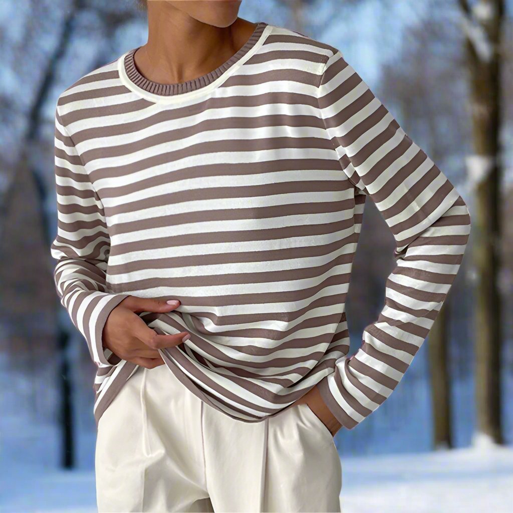 Women’s Striped Long Sleeve T-Shirt – Round Neck Casual Top