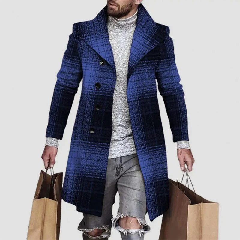 Men’s Plaid Double-Breasted Overcoat – Mid-Length Coat