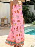Women's Elegant Strapless Bandeau Maxi Dress with Vibrant Resort Print