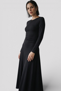 Women's Elegant Black Pleated Boat Neck Maxi Dress for a Modern Look