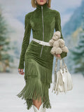 Women's Elegant green faux suede dress with high collar, zipper, and