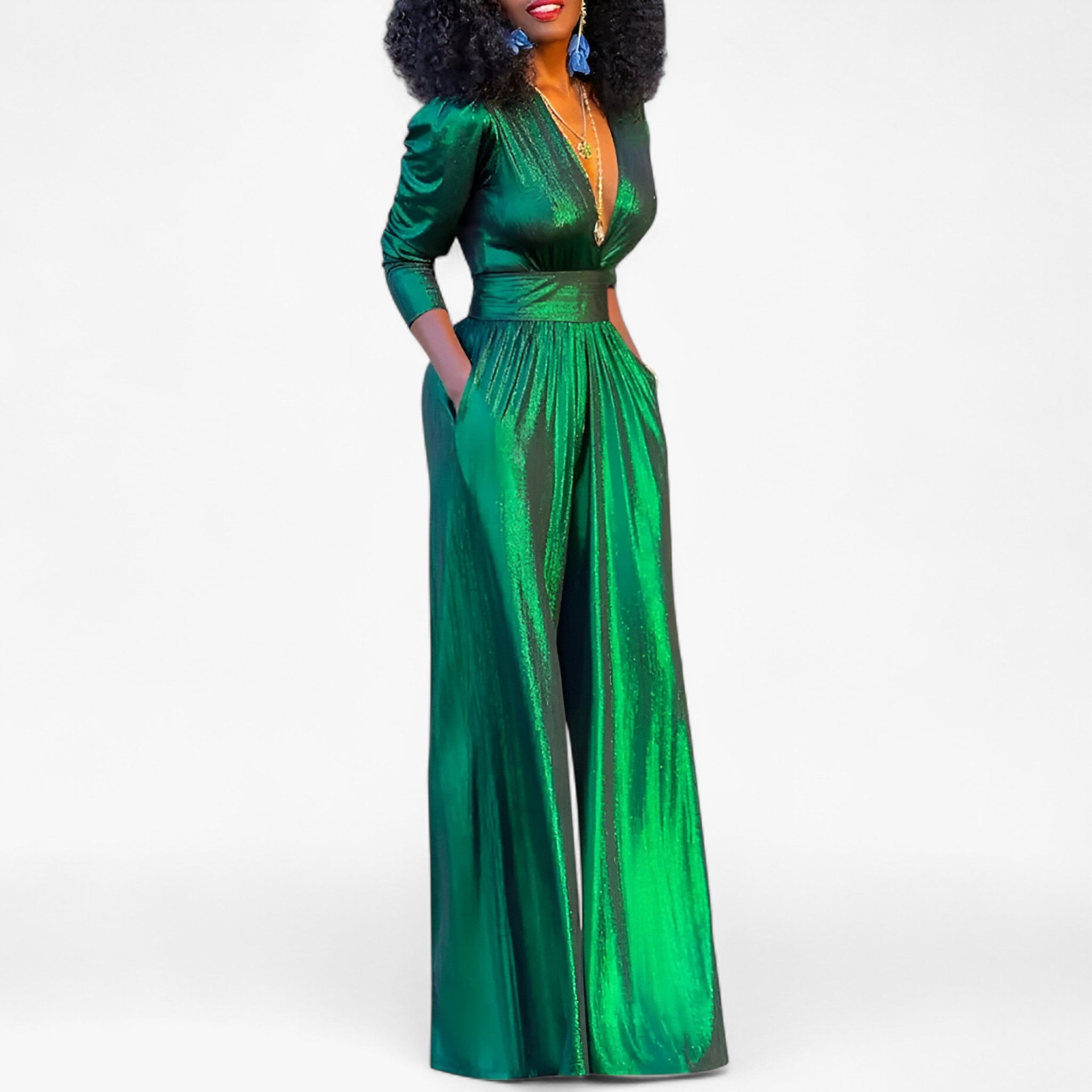 Zara Emerald Green Metallic Jumpsuit with Dramatic Wide-Leg Pants