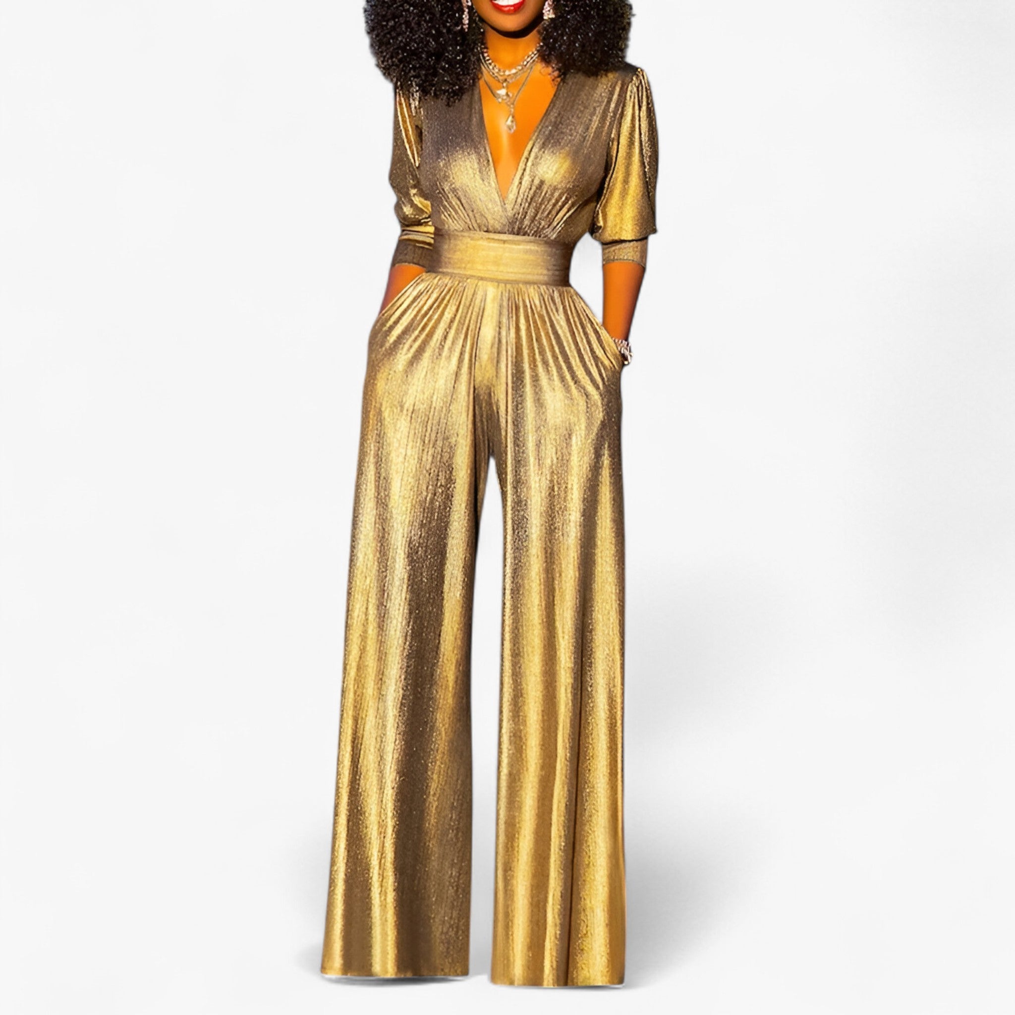Zara Emerald Green Metallic Jumpsuit with Dramatic Wide-Leg Pants