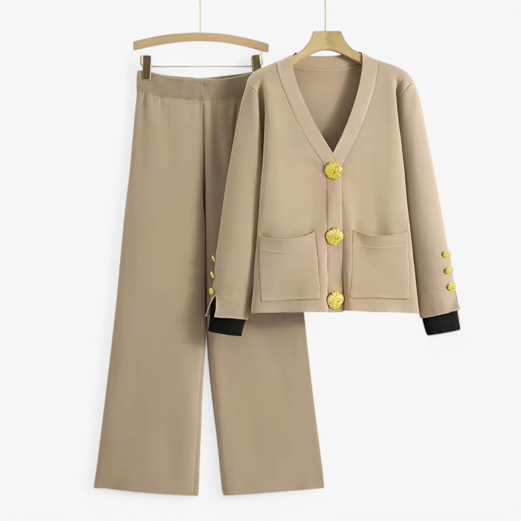 Elena | Strikket todelt sæt med cardigan og bukser - Khaki En størrelse passer alle - women's fashion - {{ product_tags }