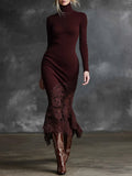 Women's Elegant long lace dress with high collar and lace hem -