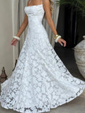 Women's Elegant White Lace Long Dress with Spaghetti Straps