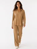 Women's Collared Long Sleeve Top and Straight Leg Pants Set