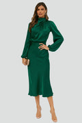 Women's High-Neck Long-Sleeve Midi Dress – Sophisticated, Flattering